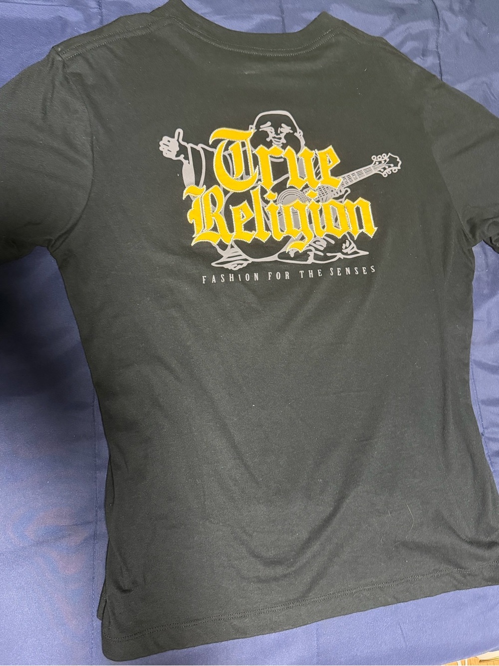 True Religion Black Tee with Yellow Logo Graphic